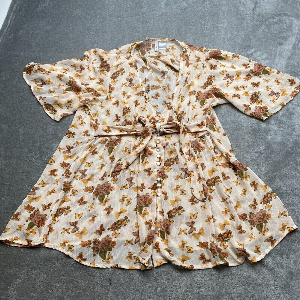 Lilly Lou Midi Dress Women's Medium Beige Butterfly Surplice Neck Tie Knot Front